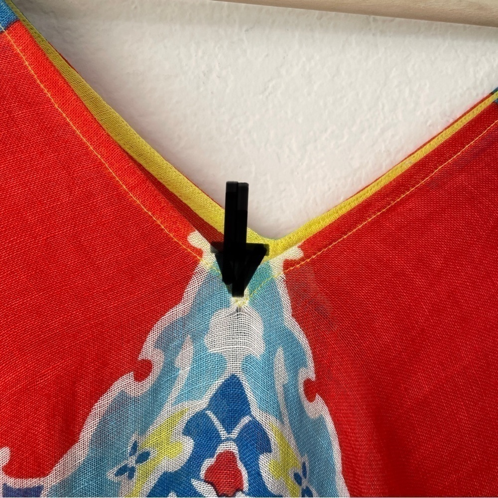 J. McLaughlin Yellow Blue Red Linen Blend Beach Cover Up Tunic Popover Kaftan - Picture 4 of 11
